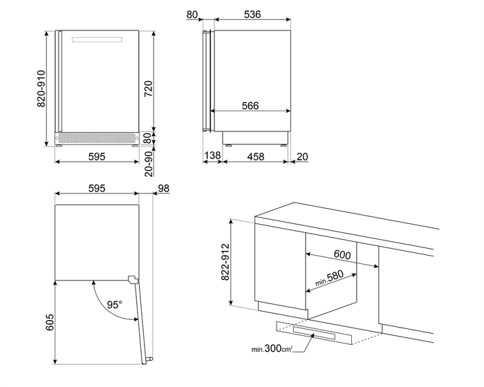 Схема встраивания винного шкафа Smeg CVI638RN3